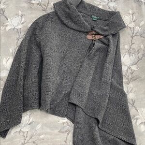 Lauren Ralph Lauren Charcoal Herringbone Poncho with Buckle Accent Made in Italy